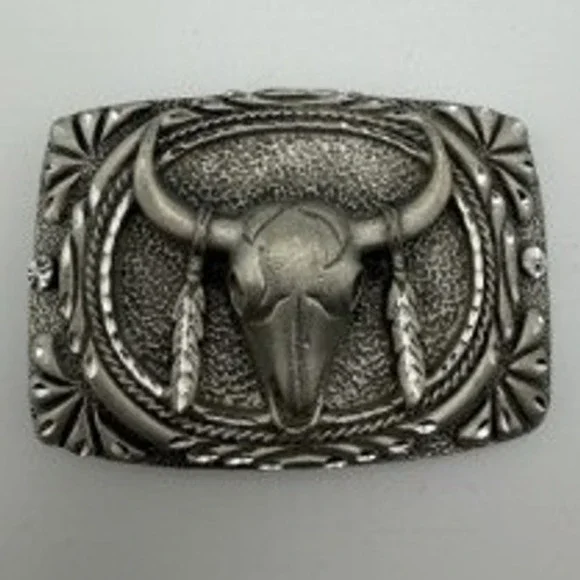 Vintage Silver-Tone Western Belt Buckle Longhorn Steer Skull Feather CowboyRodeo
