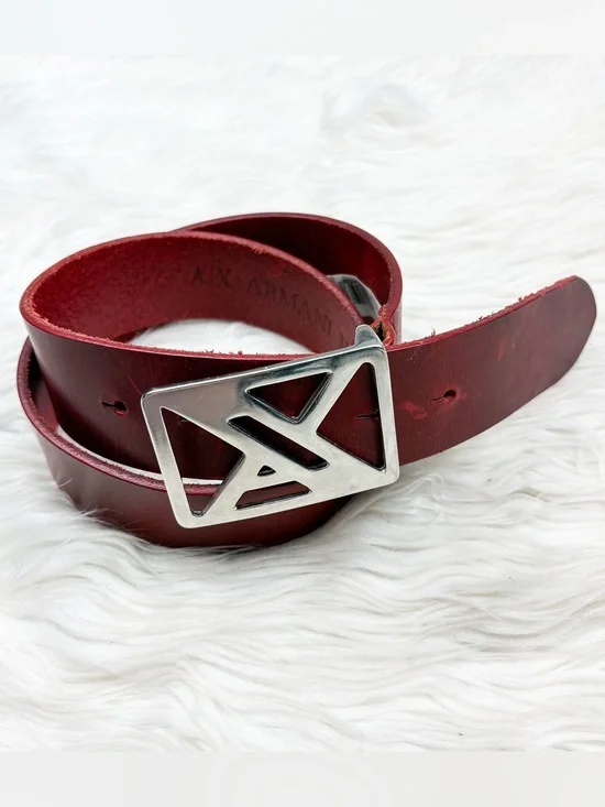 Armani Exchange Red Leather Belt Silver Logo Buckle Hardware AS IS