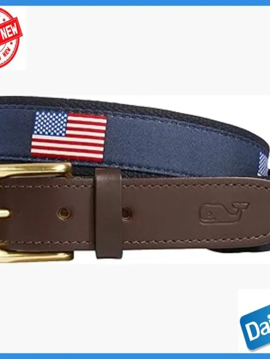 Men's Leather Belt with Brass Buckle, American Flag Print, Size 32