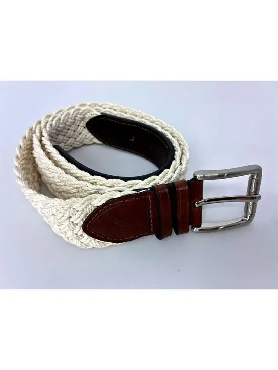 Nautica Woven Cotton and Leather Belt in Cream and Brown men's size 42