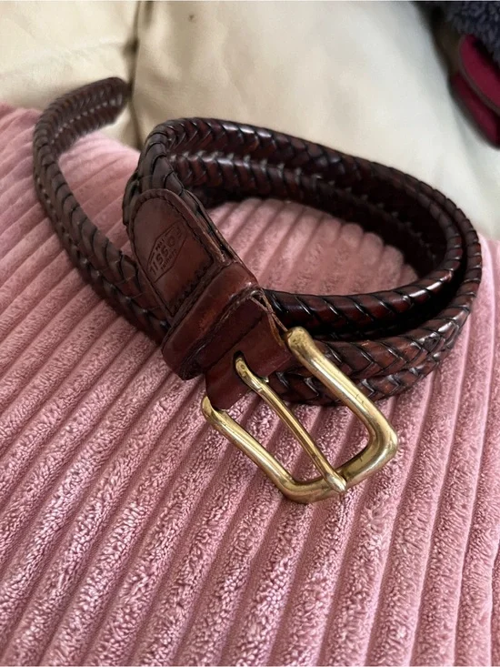 Fossil Men's Sz38 (see desc) Brown Braided Leather Belt, Solid Brass Buckle