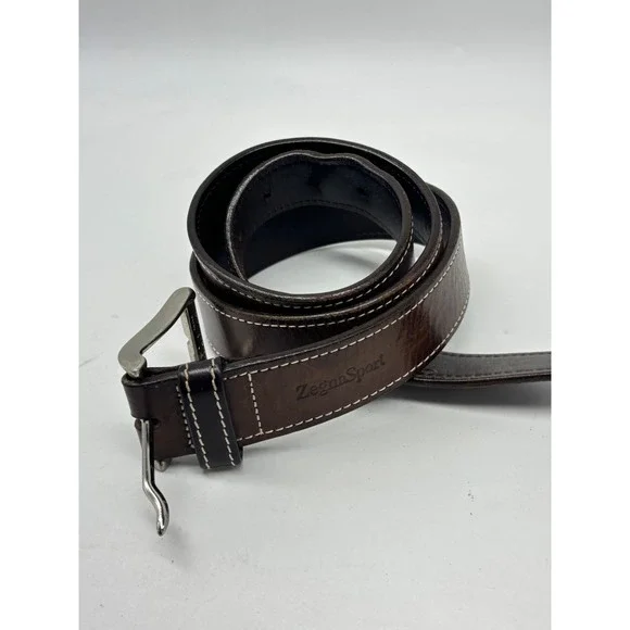 Ermenegildo Zegna Sport Mens Brown Leather Belt 34 Made in Italy Contrast Stitch