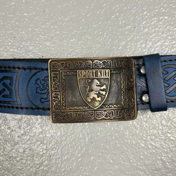 Size XXL Sport Kilt Belt Blue Gold Buckle Lion Black Filigree Detail Velcro