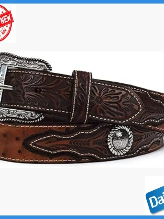 Men's Faux Ostrich Leather Belt with Floral Emboss and Silver Conchos