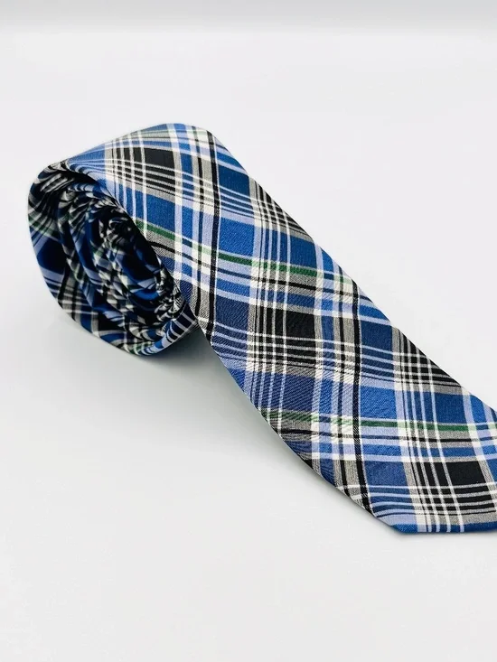 Ben Sherman Tie Men's 57 x 2.5 Handmade 100% Silk Skinny Plaid Blue Black White