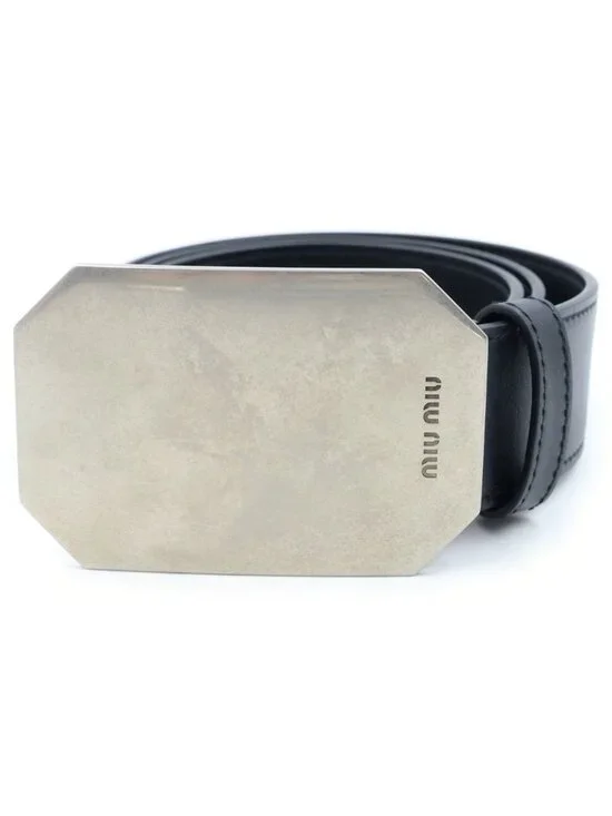 Miu Miu Logo Metal Buckle Leather Belt Calf Black