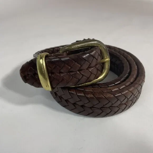 Coach Vintage Brown Leather Woven Braided Brass Buckle Belt Made India Size 42
