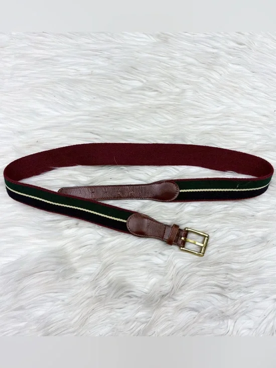 Vintage Surcingle Web Belt Striped Woven Knit Leather Preppy Equestrian Medium