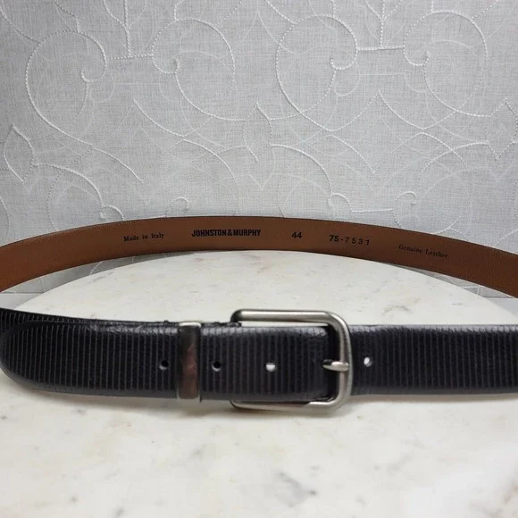 Johnston & Murphy Scored Leather Belt 44 Mens Black Ribbed Italy Dressy Preppy