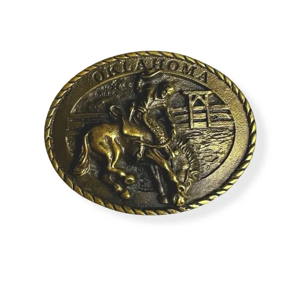 VTG 1980 Brass All Around Cowboy Oklahoma Western Bucking Horse Belt Buckle 3.5