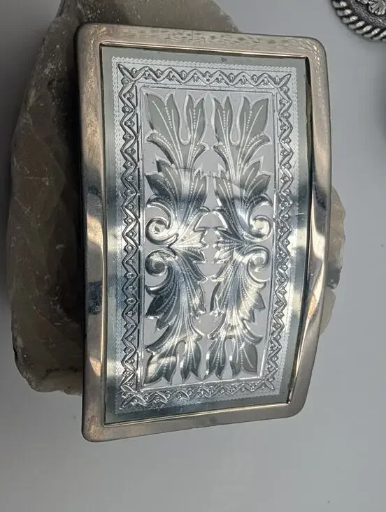 Vintage Western Americana Belt Buckle Engraved Silver Tone Scrollwork USA Made
