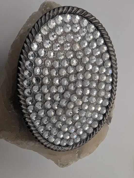 Vintage Sparkle Rhinestone Oval Belt Buckle Western Bling Silver Tone Rope Edge