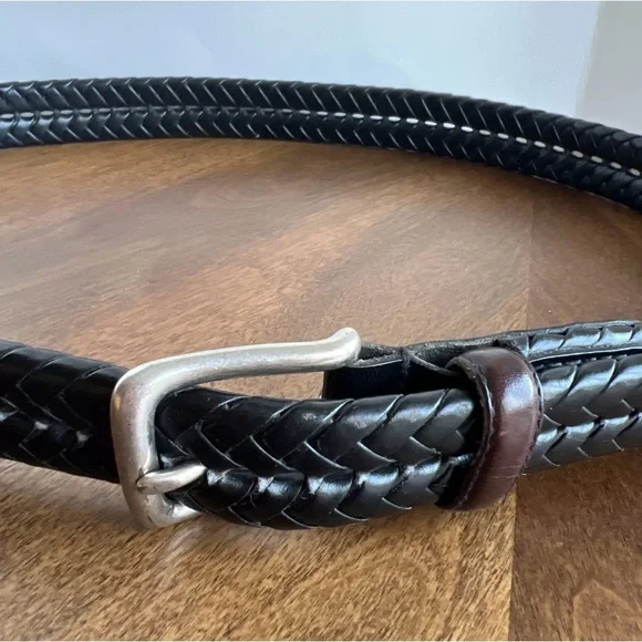 Fossil Belt Sz 95/38 Black Genuine Leather Silver Tone Buckle Braided MB3040001