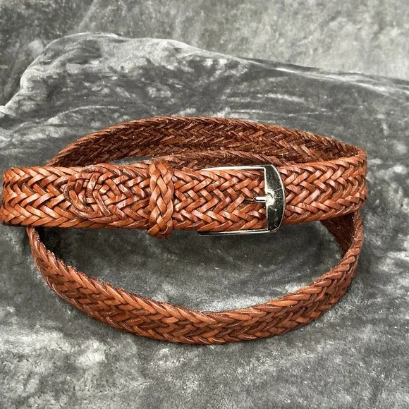 Vintage Men's Full Grain Cowhide Braided Leather Belt Brown Size 44 Adjustable