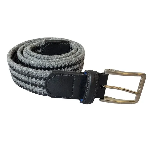 Beltology Mens Grey‎ Black Braided Woven Stretch Belt Leather Trim Size 40 EUC