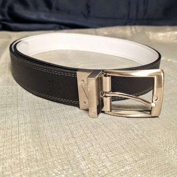 NIKE 34 Black White REVERSIBLE 100% Leather‎ Belt Blokecore Pebbled Stitch Golf