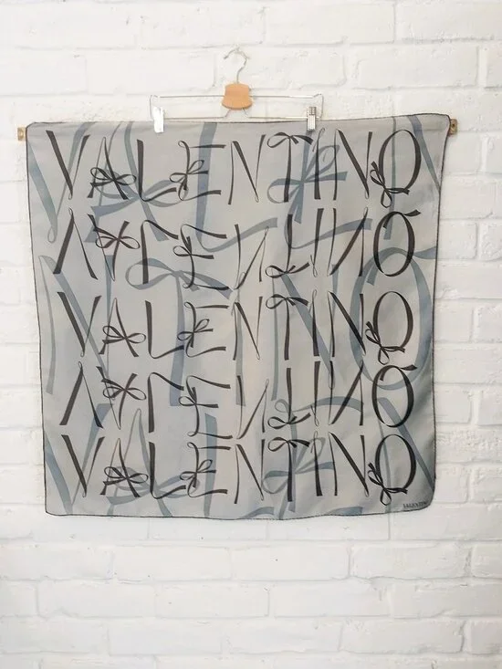 Valentino Large Square Scarf 100% Silk Blue Graphic Logo Hand Rolled Hem 34
