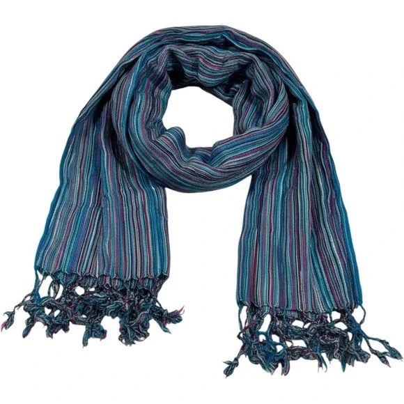 Silk Scarf Women Multi-Color Striped Fringe Lightweight Accessory