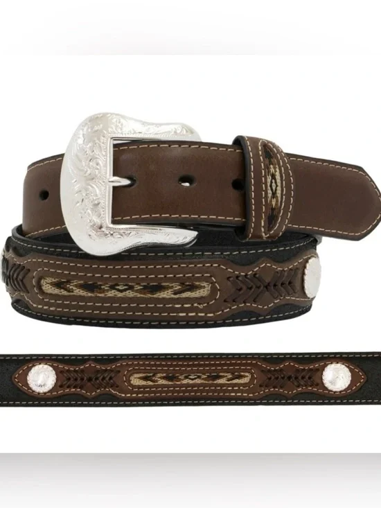 Nocona Brown/Black Leather Western Belt with Silver Buckle & Woven Accents Sz 36