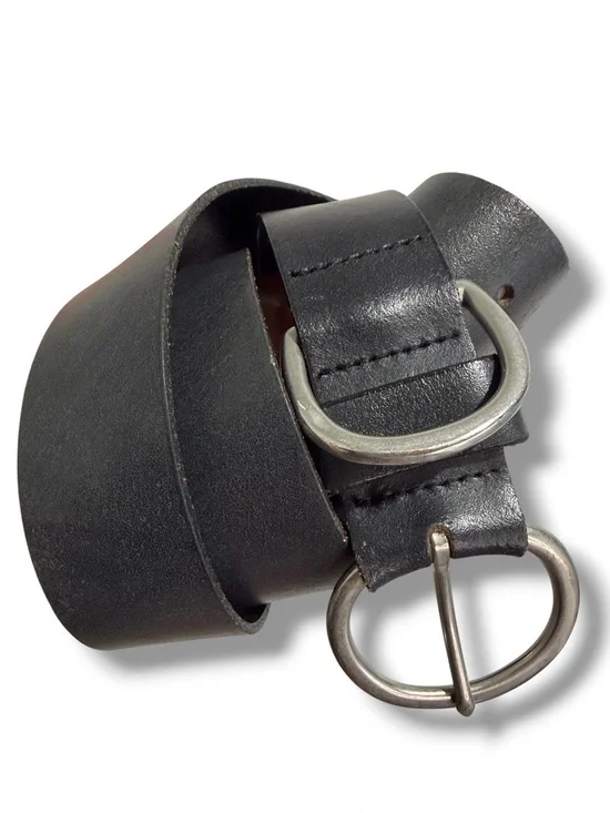 Genuine Italian Leather Belt Size L Black Sliver Tone Double Buckle Made in USA