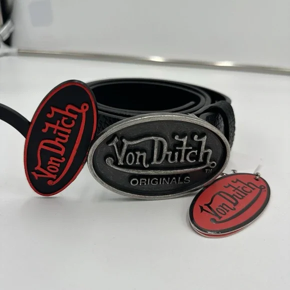 NWT Von Dutch Men's Belt Solid Big Logo Buckle Black Leather Sz 38 Y2K grunge