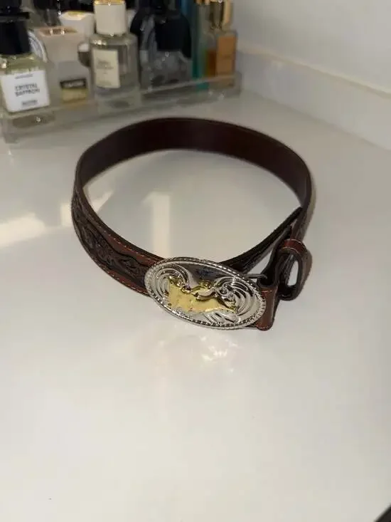 Nocona Brown Tooled Leather Western Belt with Silver and Gold Bull Rider Buckle