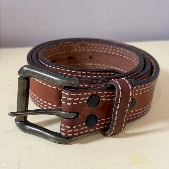Mountain Khakis Size 38 Made in USA Genuine Chestnut Leather Belt with Stitching