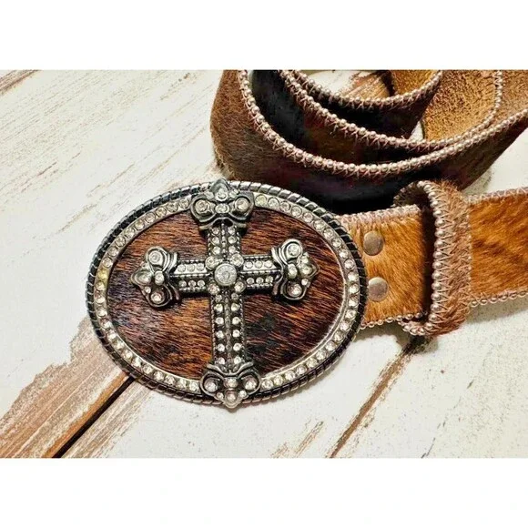 Western-style Calf hair leather belt oval CROSS Rhinestone buckle XL 48