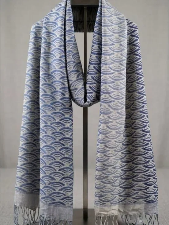 Neeru Kumar 100% Silk Wave Print Scarf Wrap Shawl Blue Cream 21