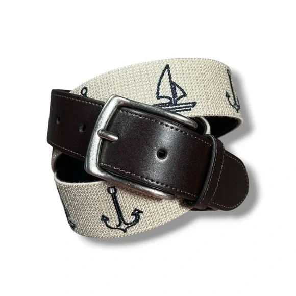 NWT Penguin Men's Belt Nautical Needlepoint Brown Leather Size 34 Golf preppy