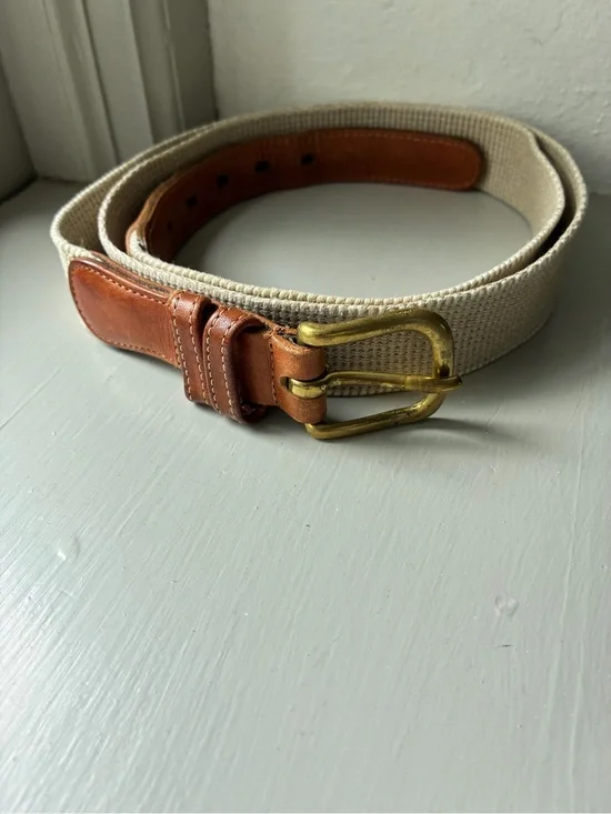 Coach Belt Beige Linen Leather Brass Buckle Sz 42 Surcingle Style 3810