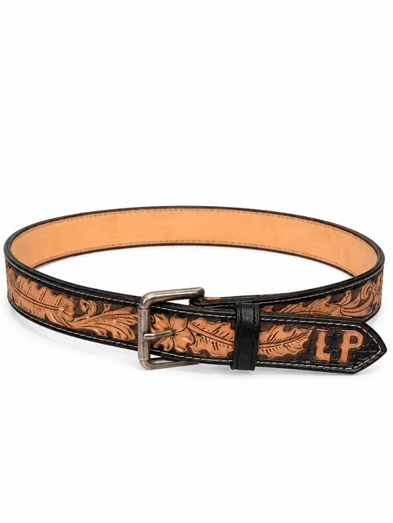 Tooled Leather Floral Belt - Black Tan handmade