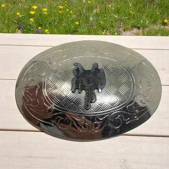 Vintage 1980's Etched Oval with Saddle Silver Tone Belt Buckle Cowgirl Western