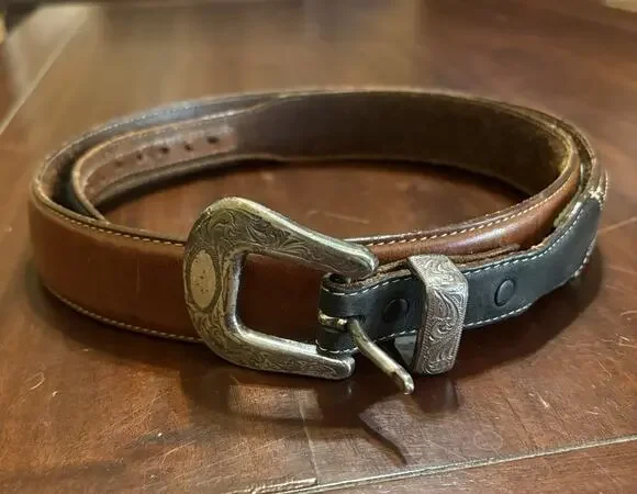 Men's Brown Leather Belt Size 38 Adjustable Engraved Silver Tone Buckle Solid