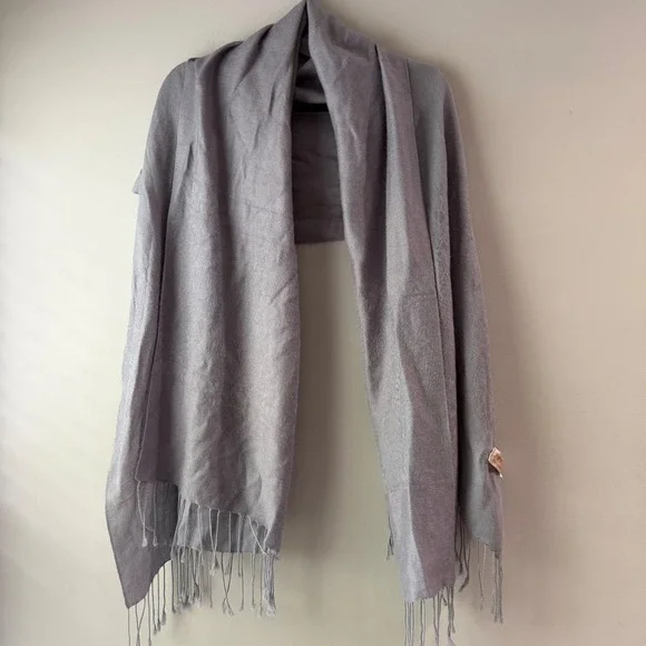 Pashmina Scarf Unisex OS Silver Gray‎ Excellent Silk Blend Paisley Jacquard Wrap