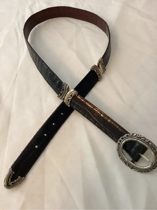 Brighton Reversible Brown/Black Croc-Embossed Leather Belt with Silver Buckle XL