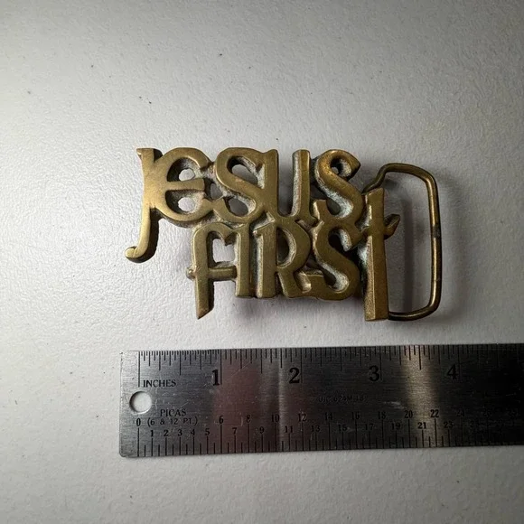 Vintage Jesus First Solid Brass Belt Buckle Christian Religious Taiwan Gold Tone