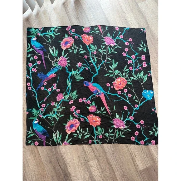 Unbranded Floral Bird Scarf Women OS Black‎ Silk Feel Tropical Chinoiserie Boho