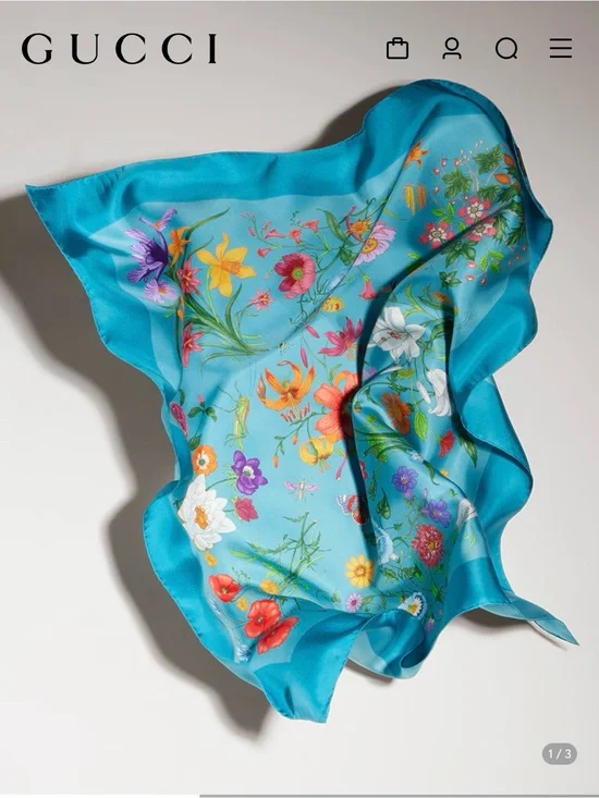 Authentic Gucci Printed silk twill carré Bright Turquoise Silk Floral Scarf