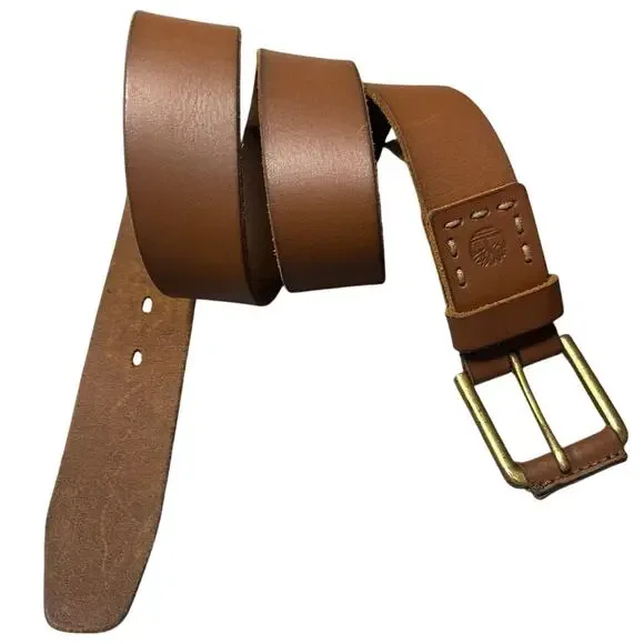 Vintage Timberland Brown Leather Belt Sz 32 Brass Buckle Western Workwear