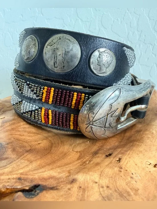 Vintage Southwestern Americana Silver Coinage Beadwork Old Pawn Leather Belt