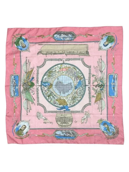 Hermes Carre 90 le Geographe Geographer Silk Pink Scarf
