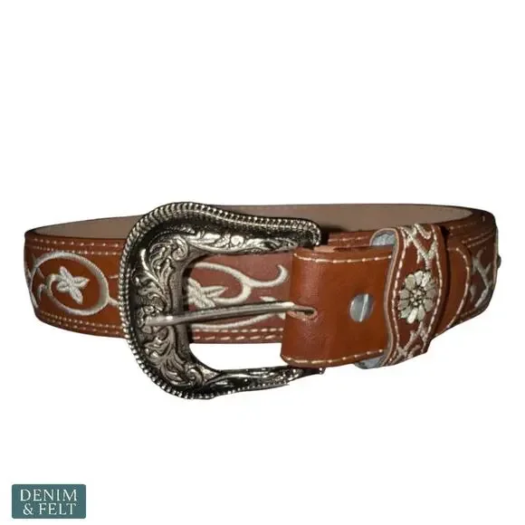 NEW Brown Embroidered Western Leather Belt Floral Scroll Buckle Mexico‎ Rodeo