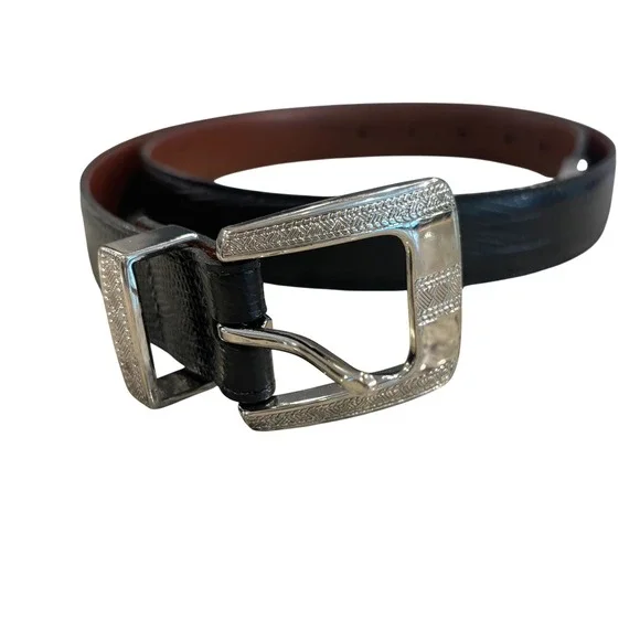 Paul Fredrick Mens Black Italian Embossed Calf Leather Belt Engraved Buckle 36