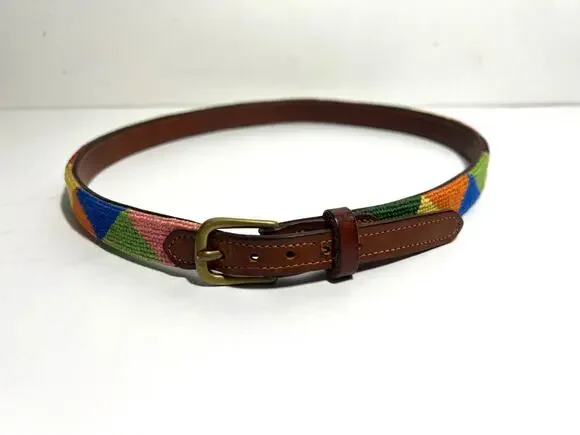 Dan Place EUC Multicolor UNISEX Triangle Needlepoint Belt Brown Leather 32