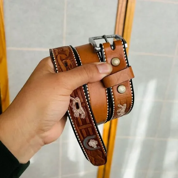 Men's Handcrafted Western Leather Belt with Embossed Design Cowboy Rodeo Style