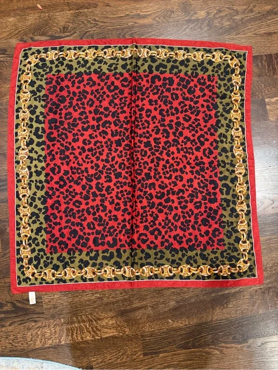 Leopard Print Silk Scarf - Red & Olive with Gold Chain Motif