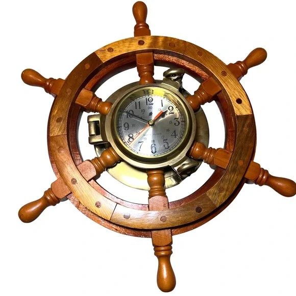 Vintage Nautical Ship Wheel Wall Clock Solid Brass Wood Porthole Untested 18.5in