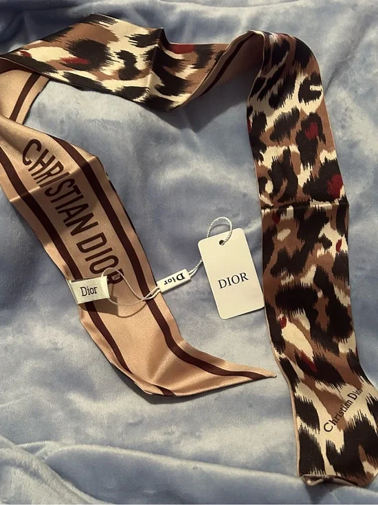 CD Brown Leopard Print Silk Twilly Scarf