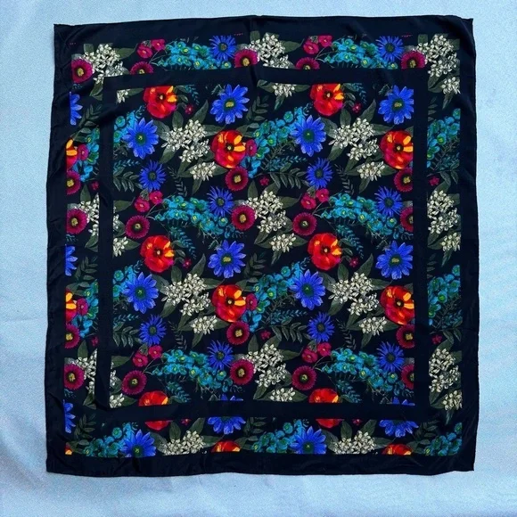 Unbranded Black Multicolor Floral Wildflowers Square Polyester Scarf 30 x 30”